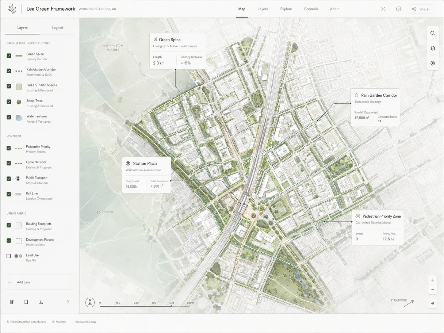 Lea Green Framework desktop map showing a neighborhood-scale landscape plan with green spine, rain garden corridor, public realm layers, and custom callouts.