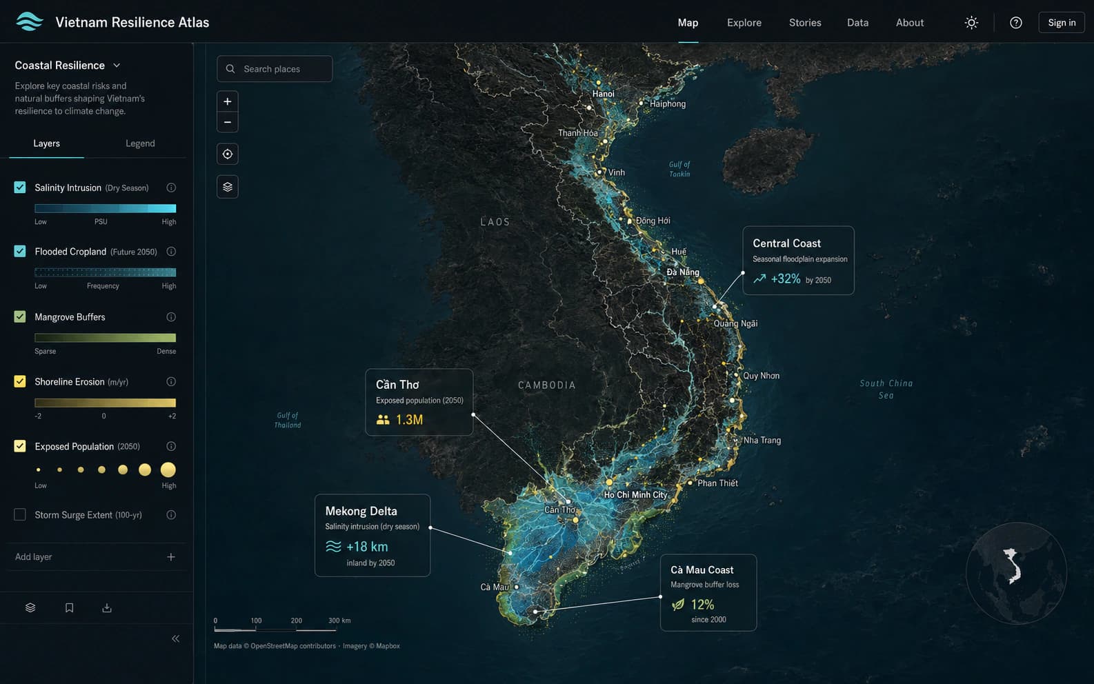 Vietnam Resilience Atlas web map showing coastal risk, salinity intrusion, flooded cropland, mangrove buffers, and regional callouts across Vietnam.