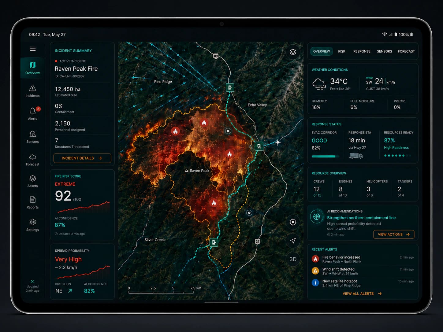 Wildfire intelligence tablet command dashboard